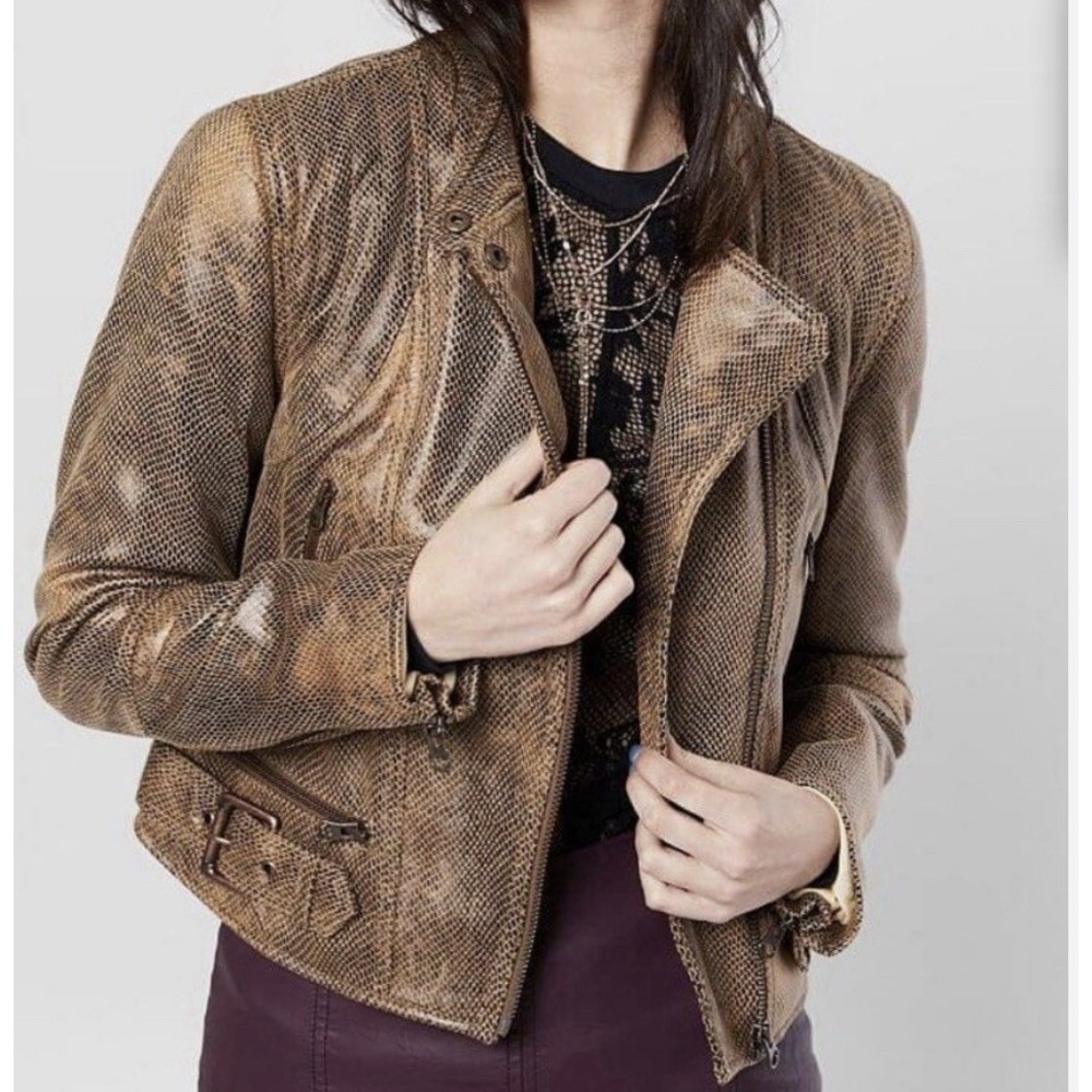 Free People Snakeskin Fenix Vegan Leather Moto‎ Jacket Women's XS Brown Soft